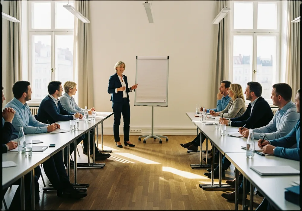 Trainerin am Flipchart vor Teilnehmer:innen in hellem Seminarraum — Seminararbeit seit 2014